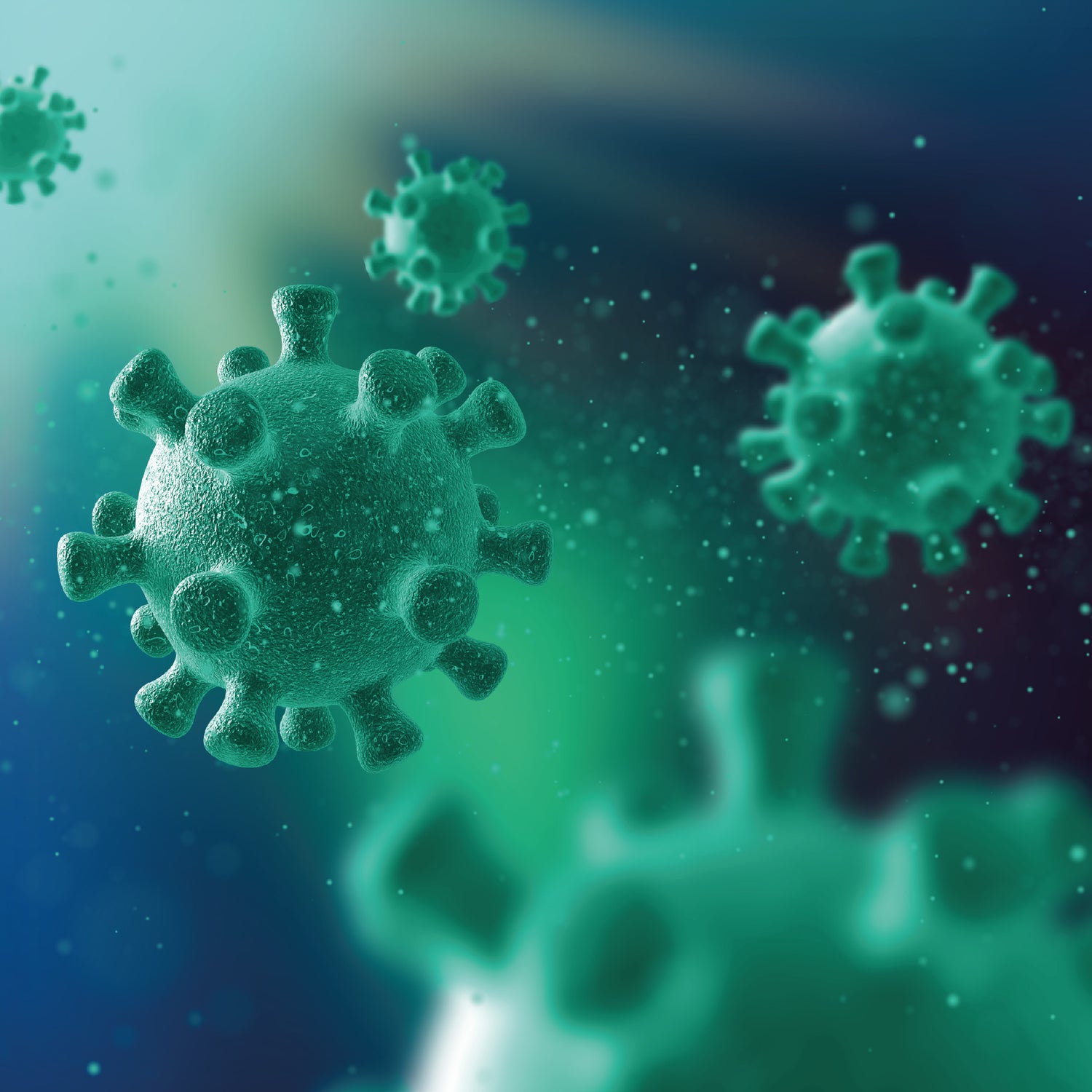 Representación visual de virus o células en suspensión, fondo conceptual de salud y biotecnología