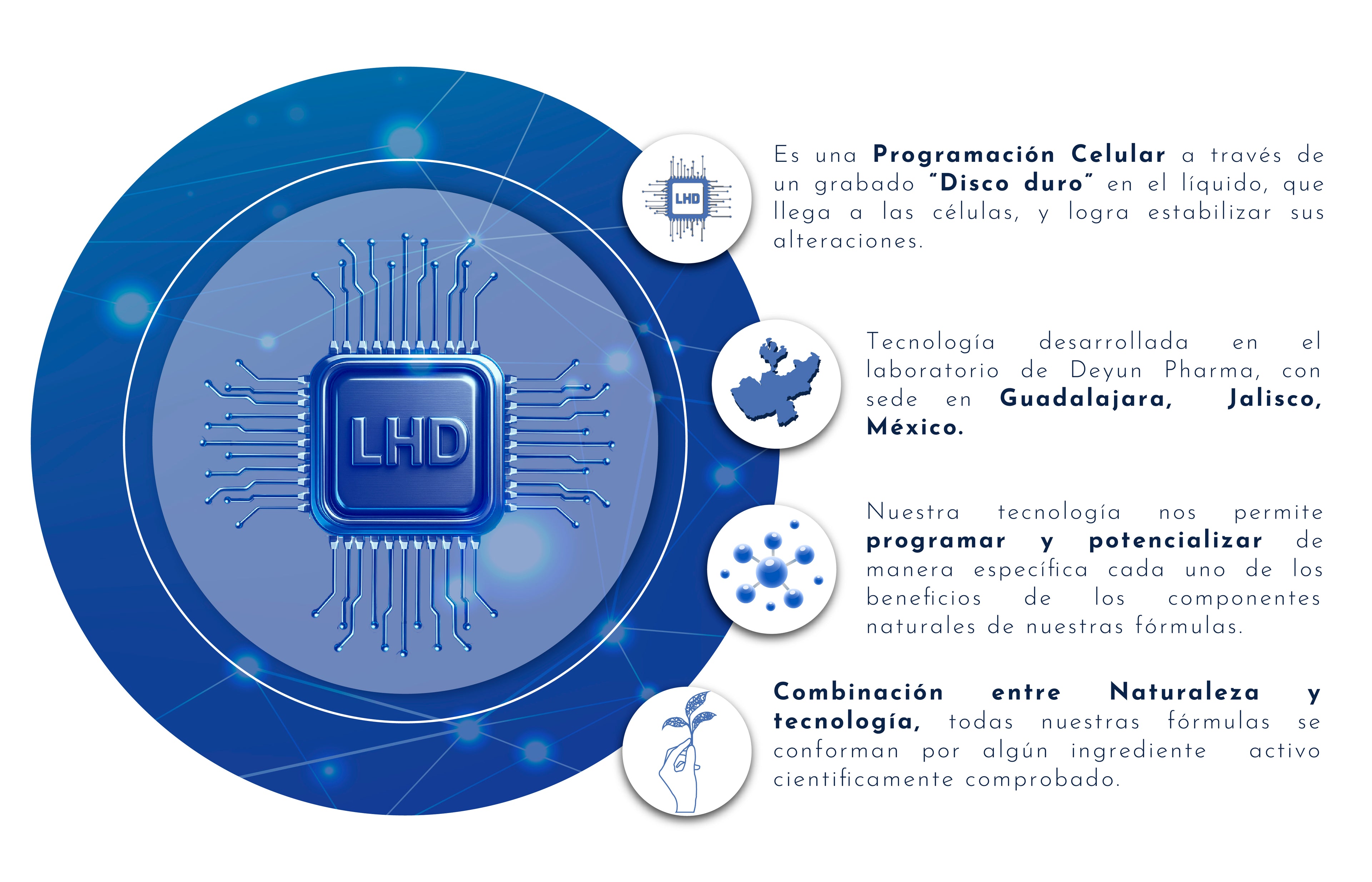 Explicación visual de la tecnología LHD utilizada en fórmulas Deyun para bienestar celular