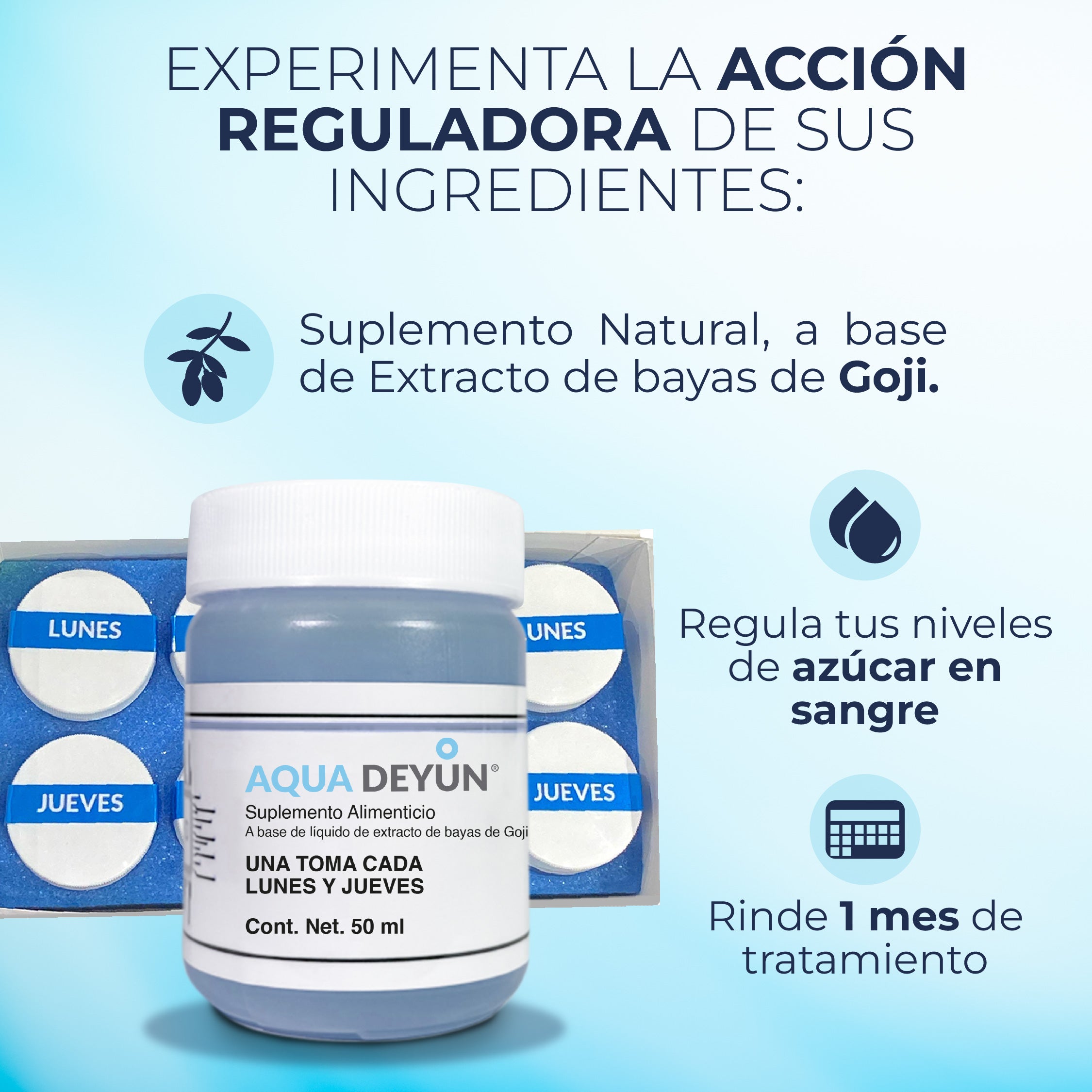 Aqua Deyun suplemento natural con extracto de bayas de goji para regular glucosa con tomas lunes y jueves

