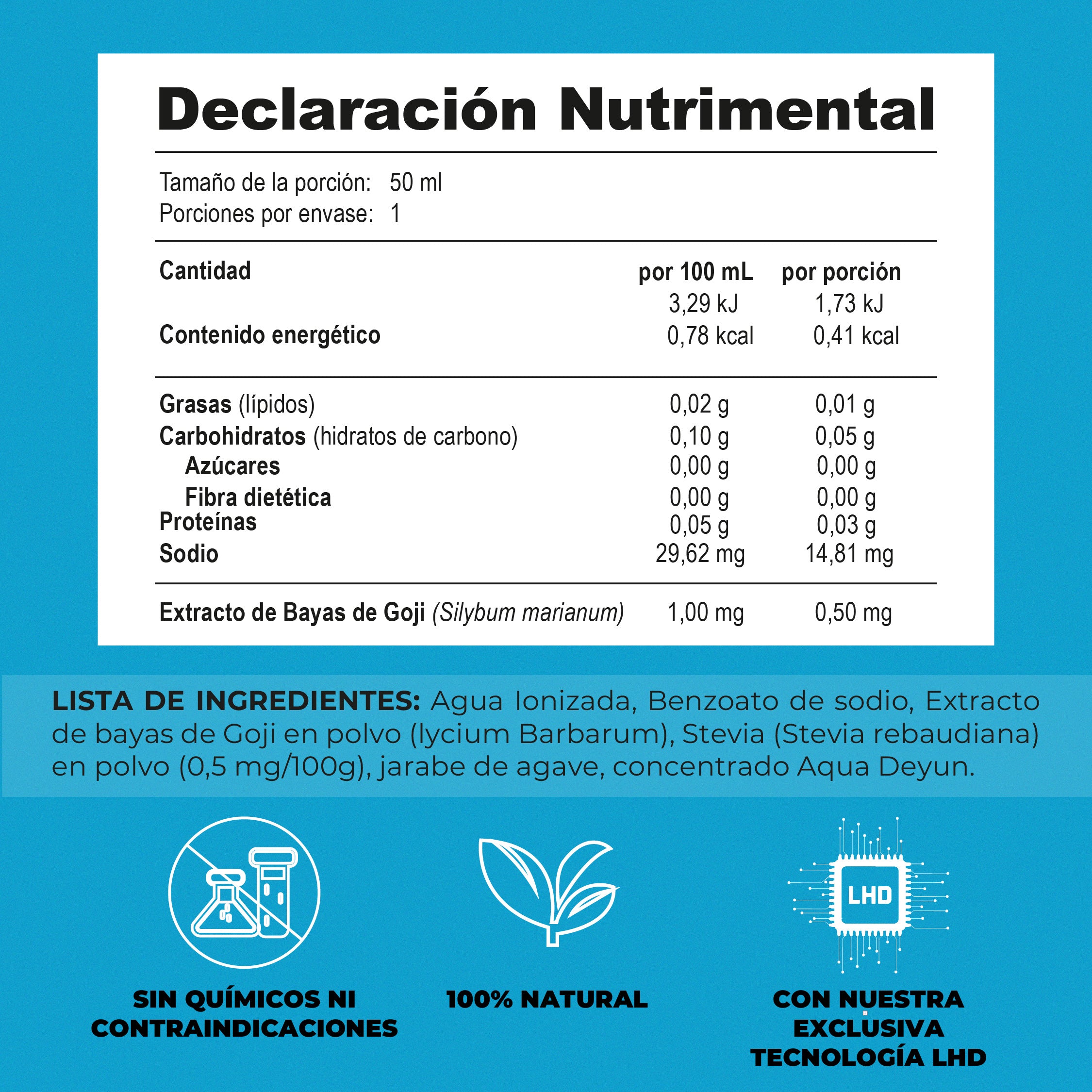 Tabla nutrimental de Aqua Deyun con ingredientes naturales como bayas de Goji, Stevia y jarabe de agave

