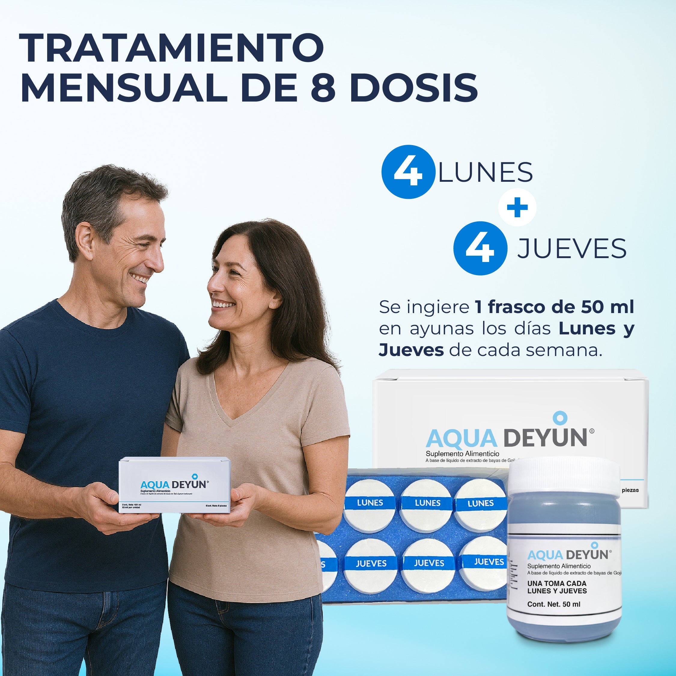 Tratamiento mensual de 8 dosis de Aqua Deyun con pareja mostrando el producto para control glucémico

