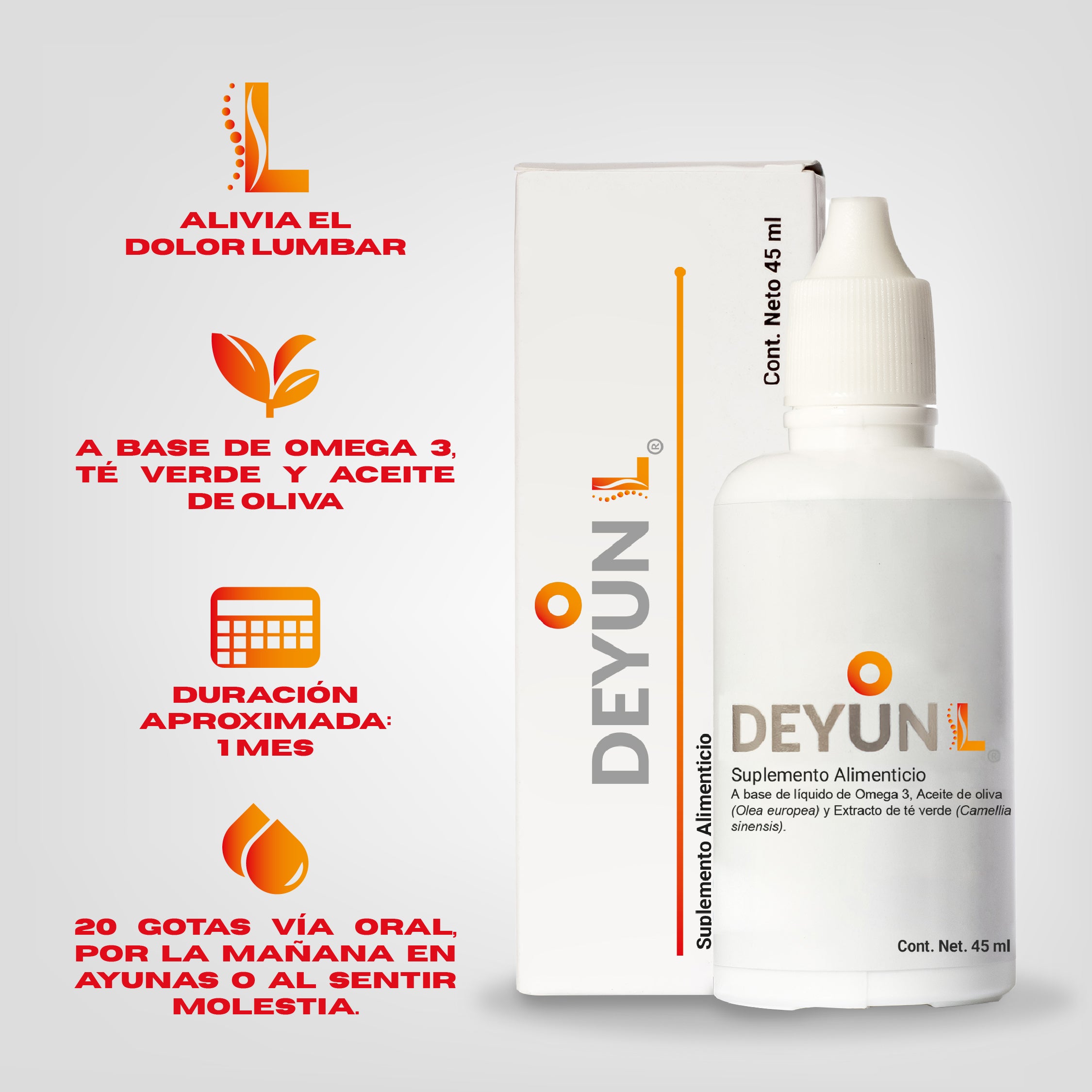 Detalles del suplemento Deyun L: alivio del dolor lumbar, uso oral, fórmula con Omega 3 y té verde

