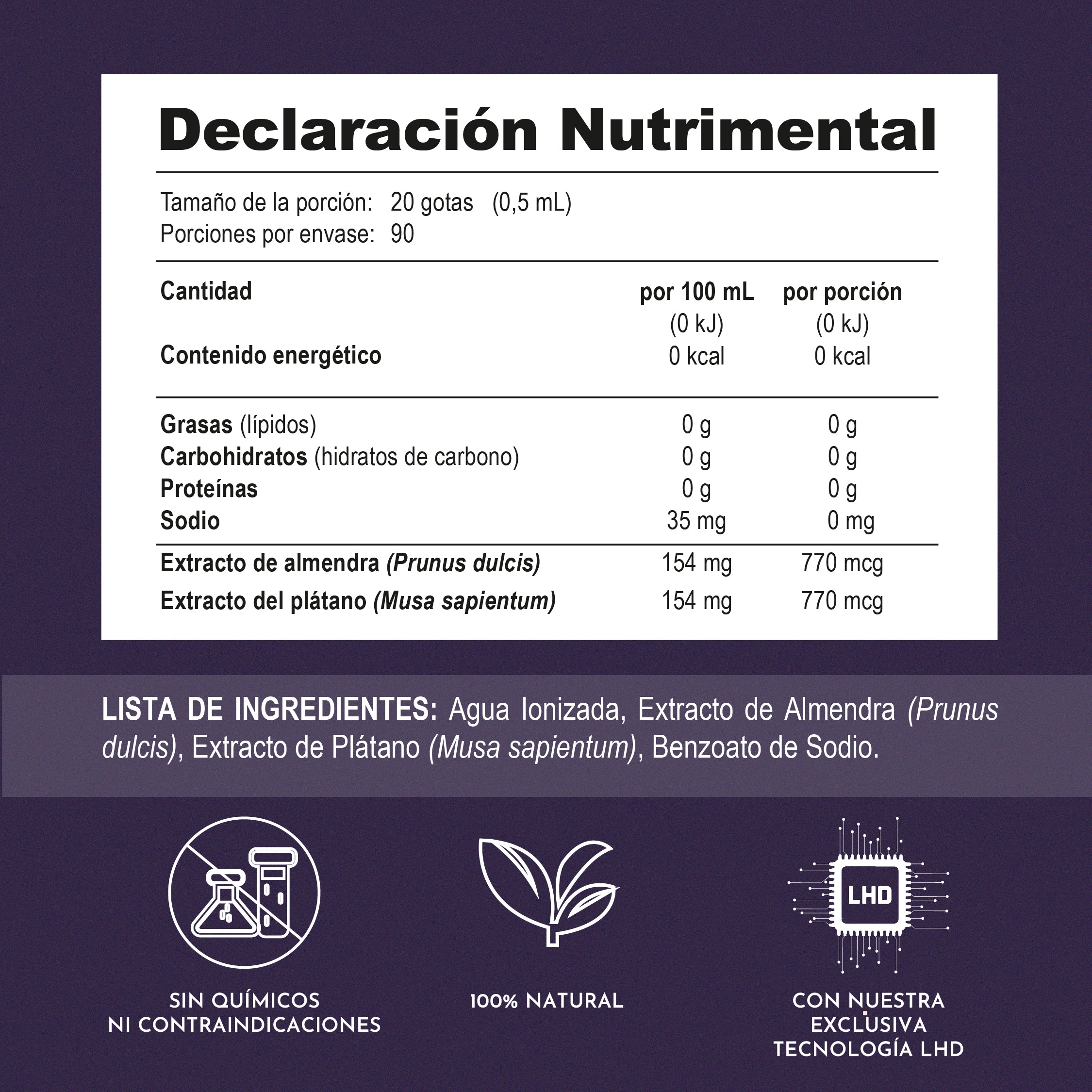 Tabla nutrimental del suplemento Deyun Z con extracto de plátano y almendra, sin químicos


