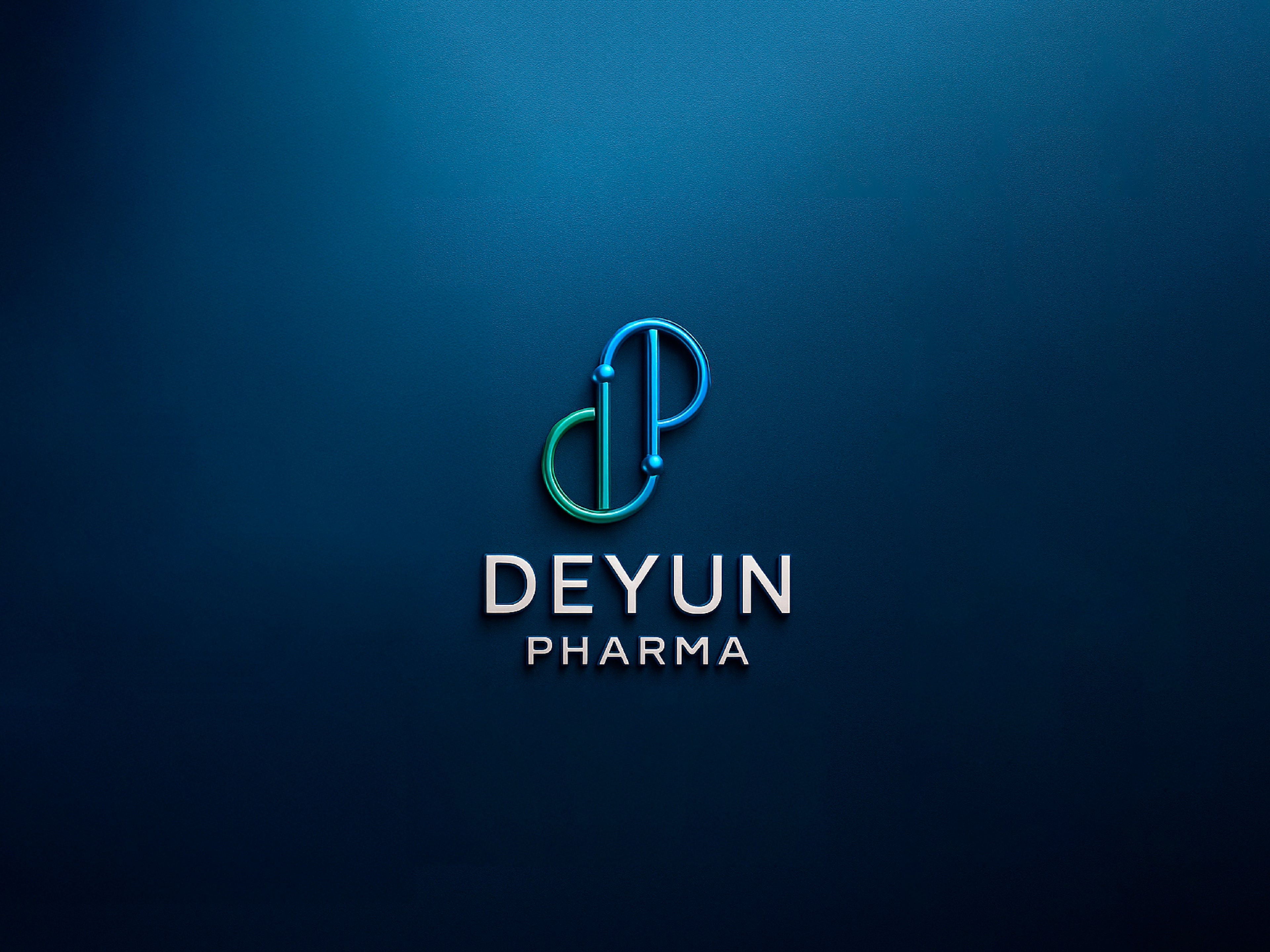 Logo profesional de Deyun Pharma en fondo azul para identidad corporativa