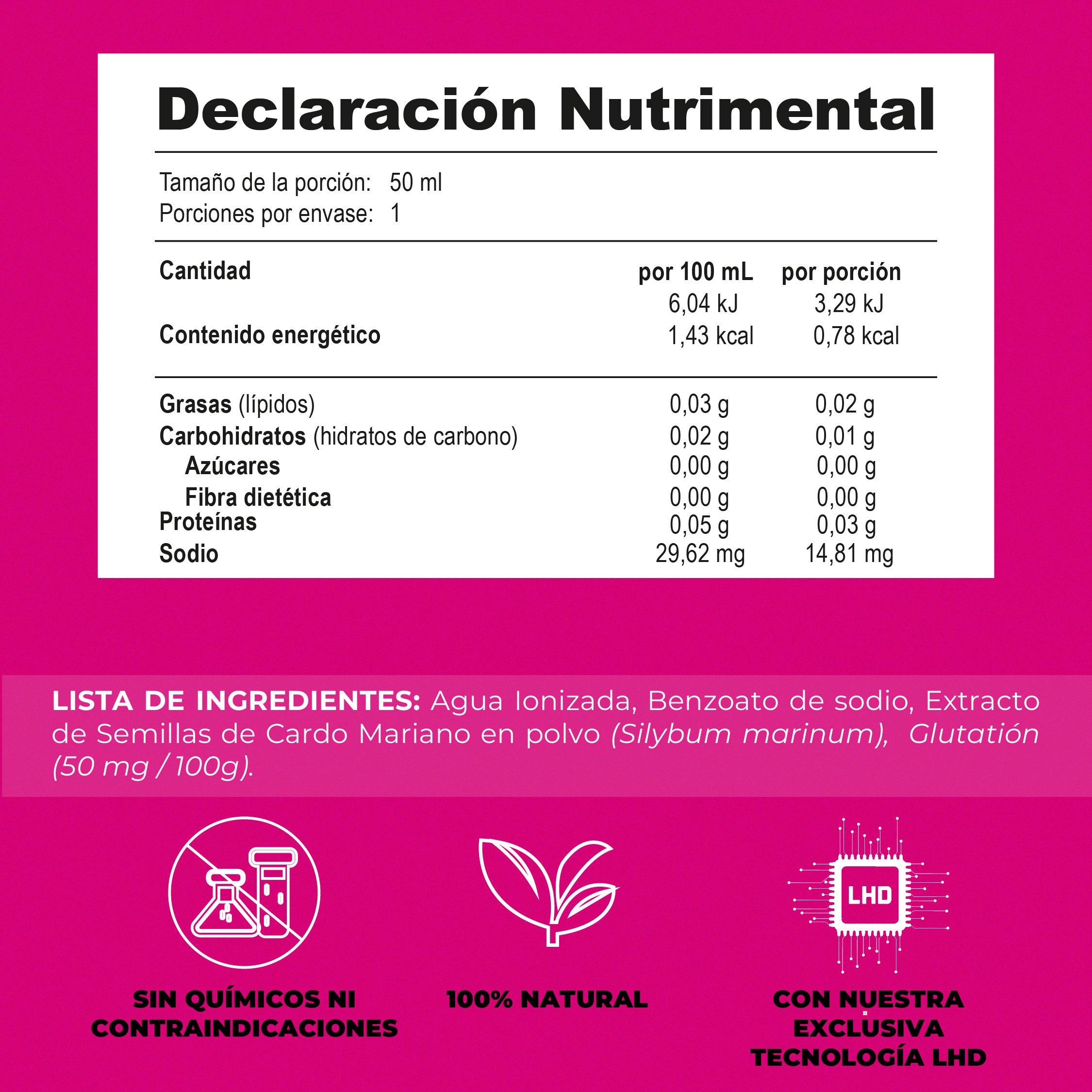 Declaración nutrimental de Vita Deyun, suplemento natural sin químicos con cardo mariano y glutatión


