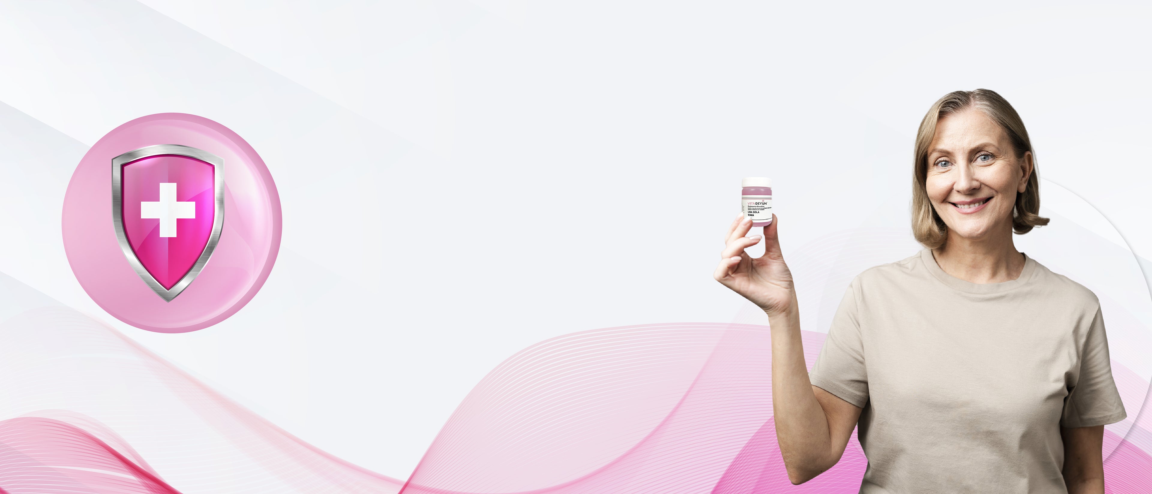 Mujer mayor con Vita Deyun, suplemento natural para fortalecer el sistema inmune